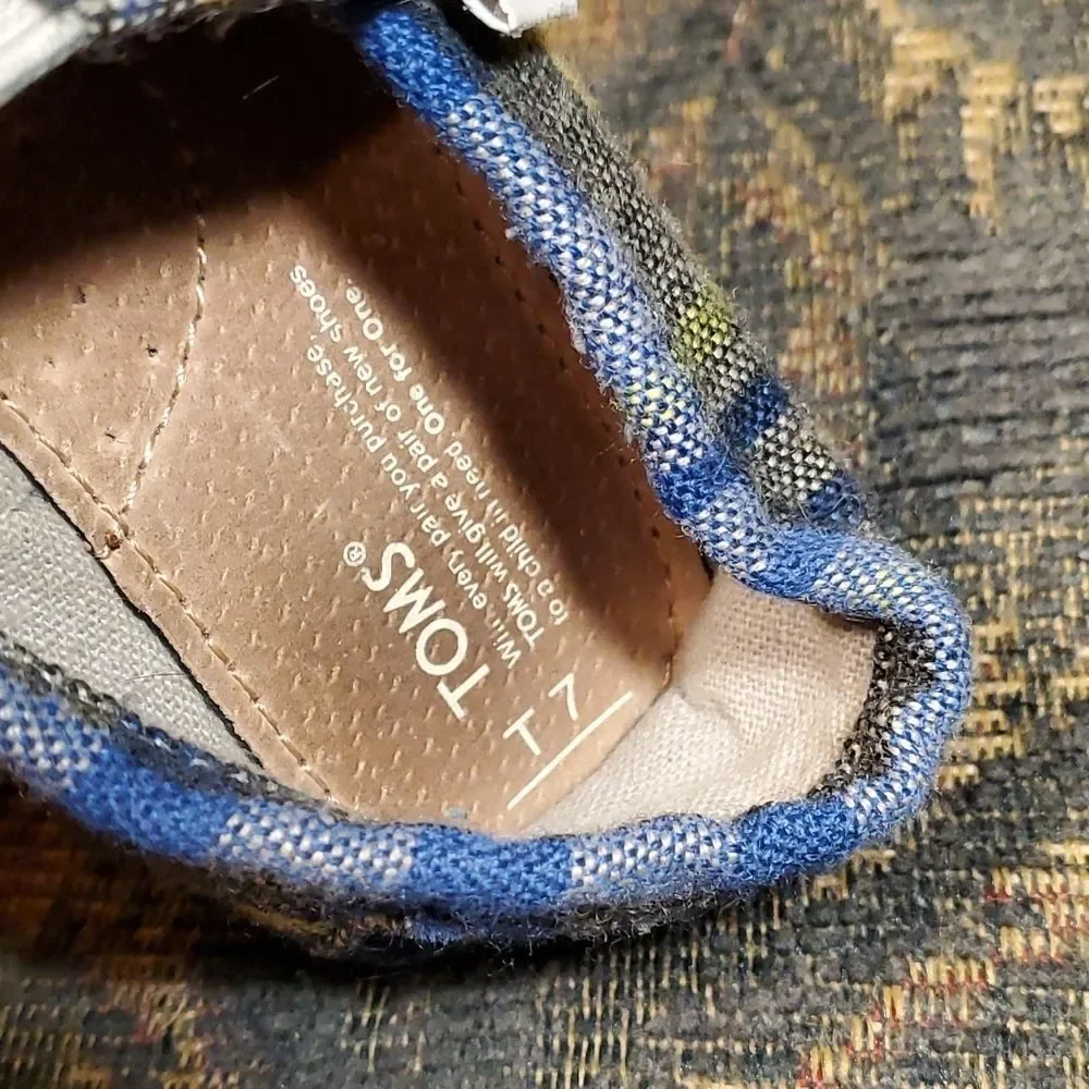 TOMS Grey, Blue and Yellow Plaid Velcro Infant Shoes Size T 7